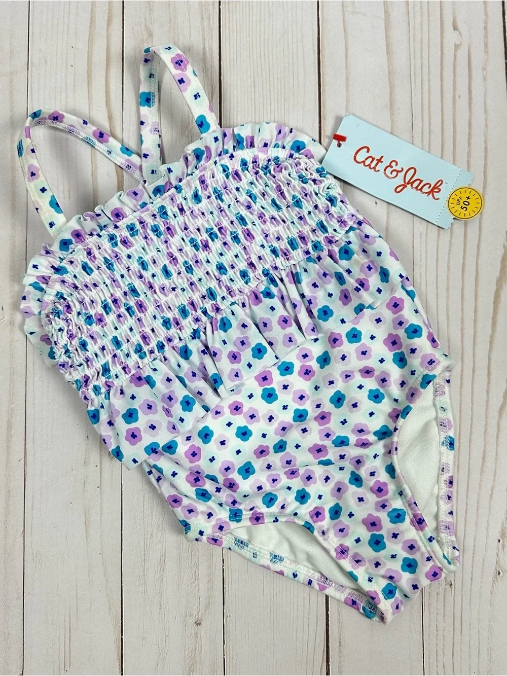 CAT & JACK baby toddler purple & blue floral one-piece swim suit - size 12 m